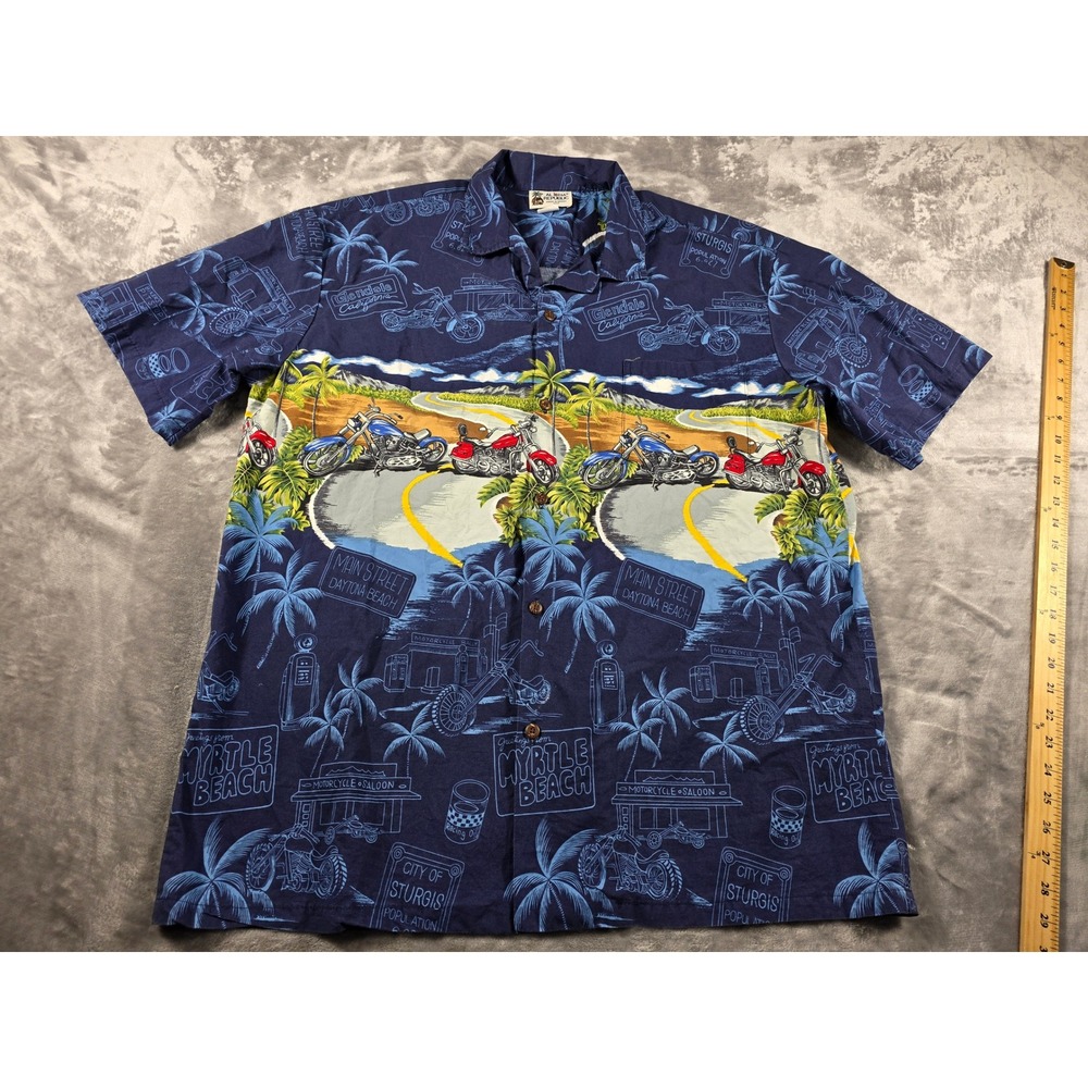 Aloha Republic‎ Hawaiian Shirt Men XL Blue Motorcycle Rally Print Vtg USA